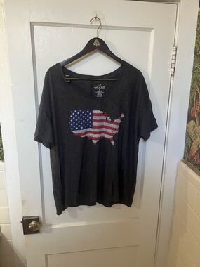 State of Mine Charcoal Gray American Flag USA Map V-Neck Tee XL EUC